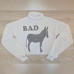 New Recycled Karma Bad Donkey White Cropped Turtle Neck Long Sleeve T-Shirt S